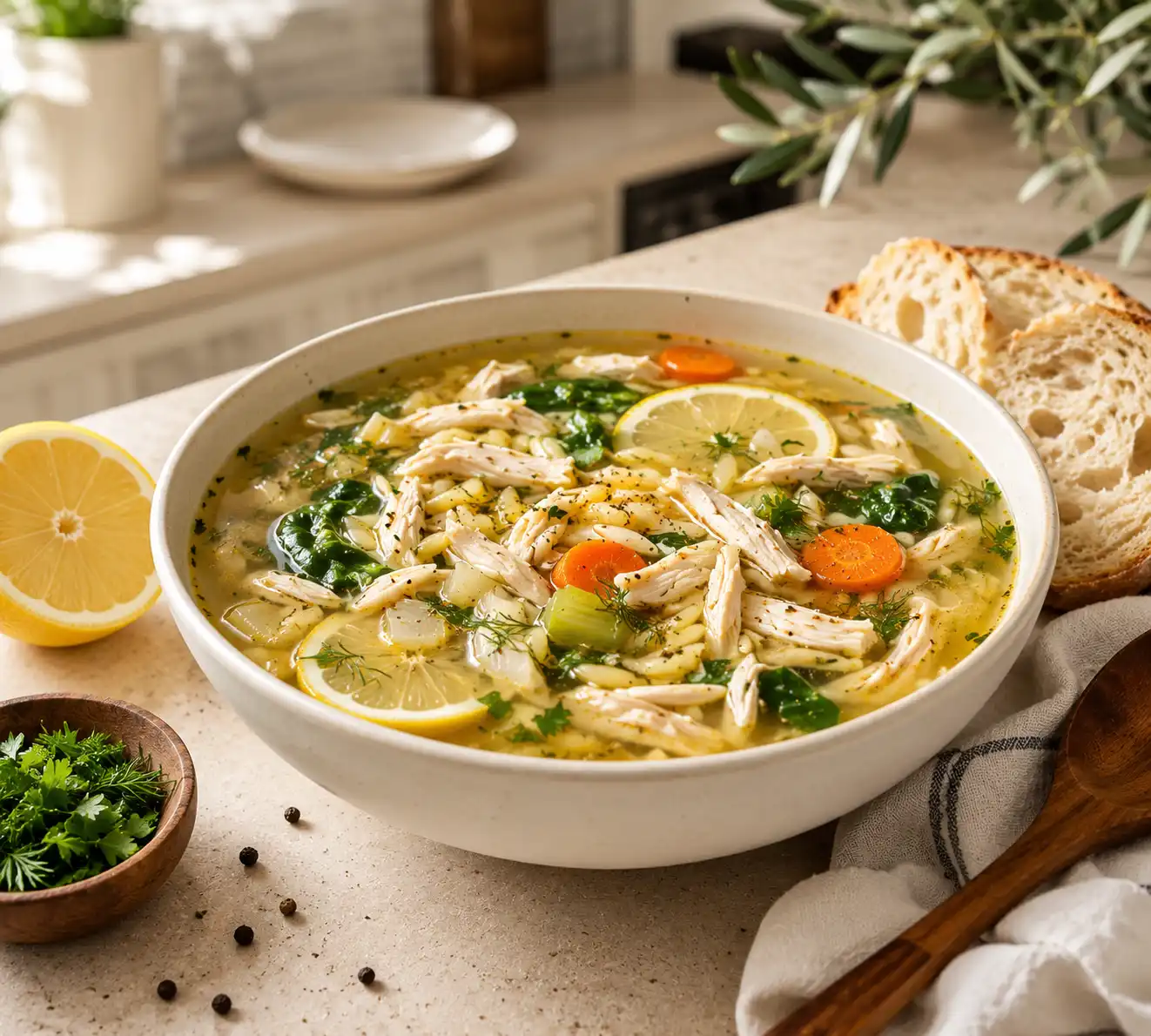 Mediterranean Lemon Chicken Soup made with tender shredded chicken, orzo, fresh spinach, carrots, celery, herbs, and lemon slices served in a white bowl.