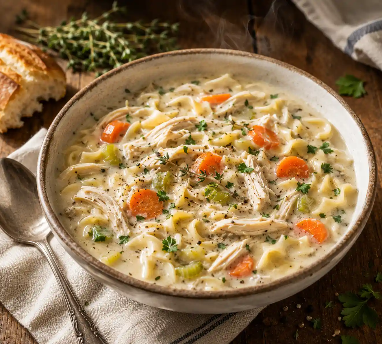 Creamy Chicken Noodle Soup Recipe served in a rustic ceramic bowl with shredded chicken, egg noodles, carrots, celery, and fresh herbs.