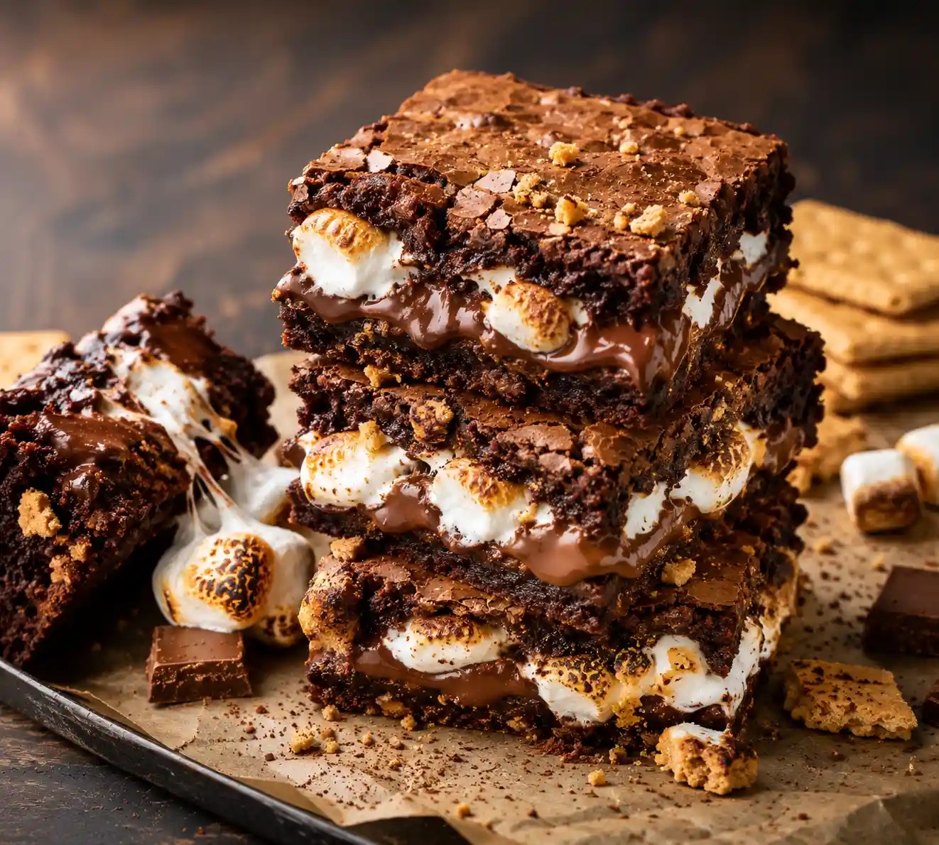 S’mores brownies in a baking pan with toasted marshmallows melted chocolate chips and graham cracker crust on rustic wooden table