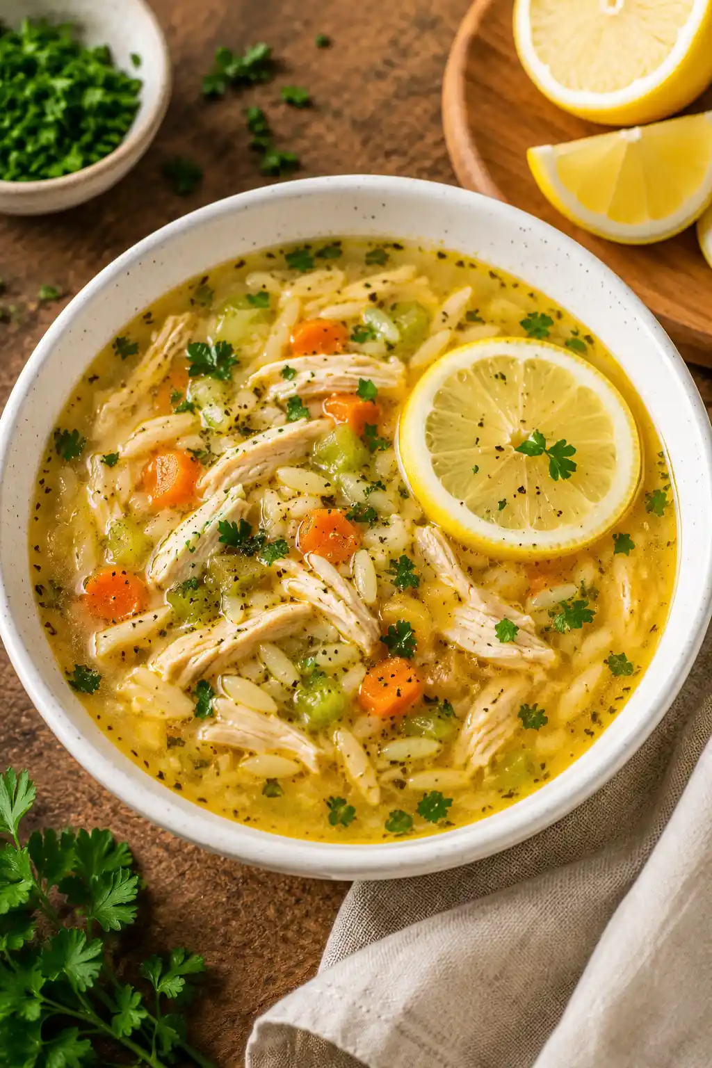 Mediterranean lemon chicken soup in a white ceramic bowl with shredded chicken carrots celery parsley and lemon slices on a rustic wooden table with warm natural lighting