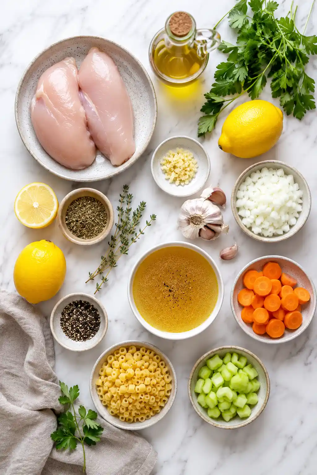 Flat lay of Mediterranean lemon chicken soup ingredients including chicken breast lemons garlic onion carrots celery olive oil and fresh herbs on white marble background