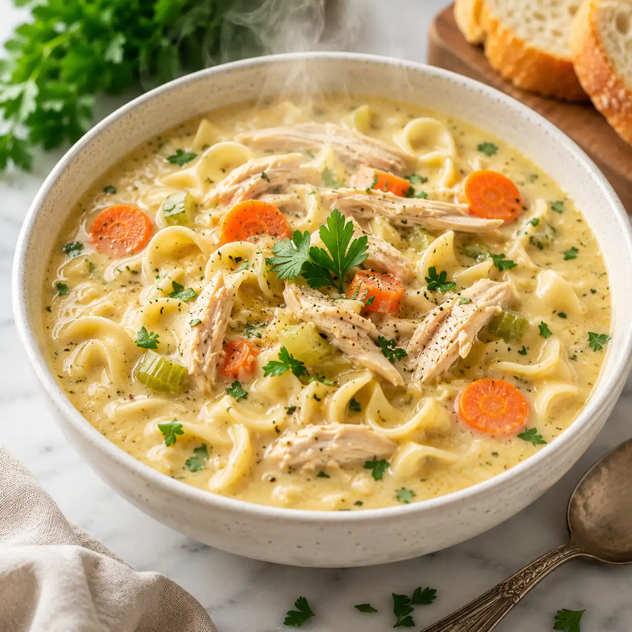 Creamy chicken noodle soup with shredded chicken egg noodles carrots celery and parsley in a white bowl with steam rising and crusty bread on the side