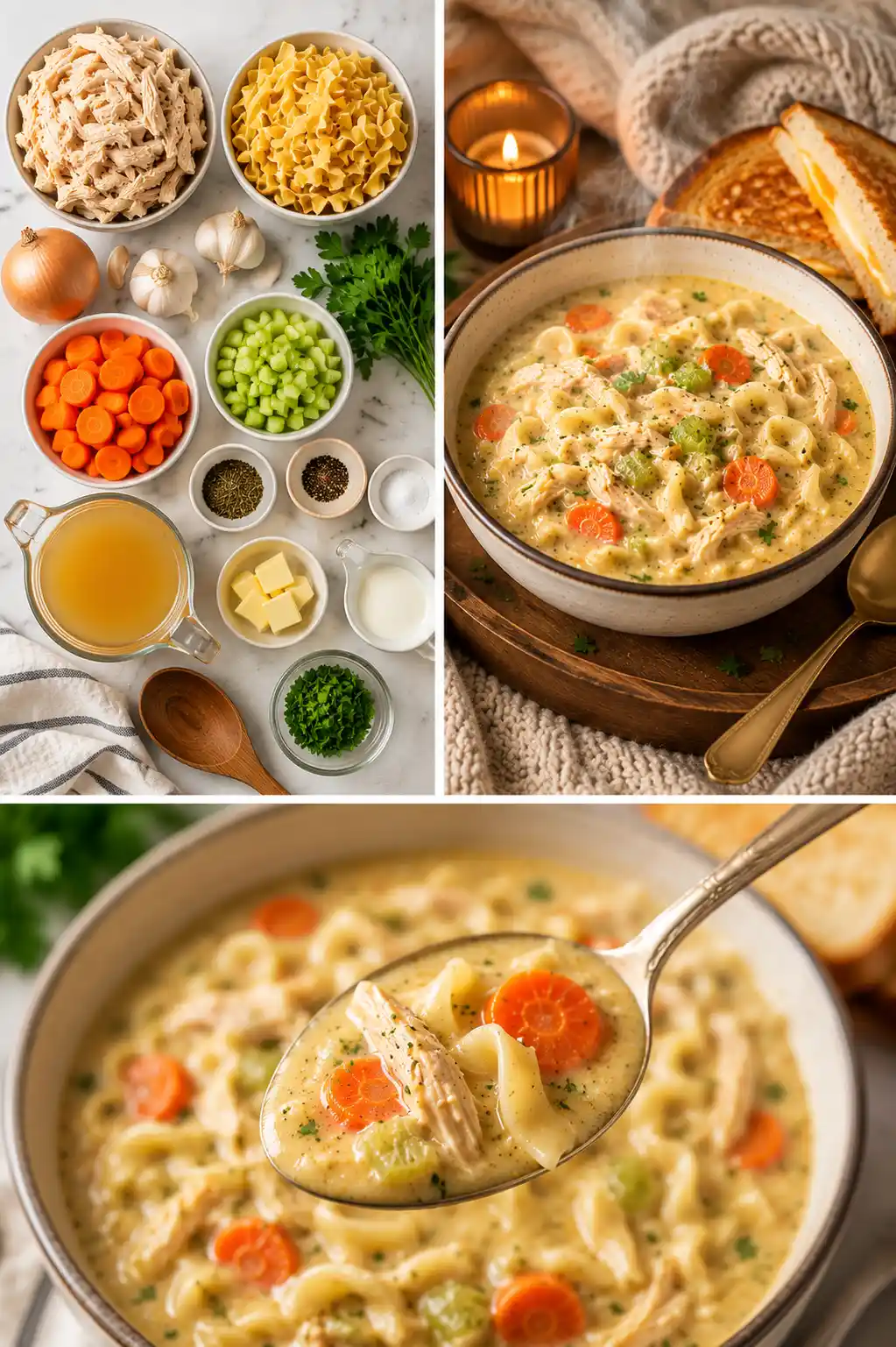 Collage of creamy chicken noodle soup recipe showing fresh ingredients cozy soup bowl and close-up spoonful of creamy chicken noodle soup with noodles and vegetables
