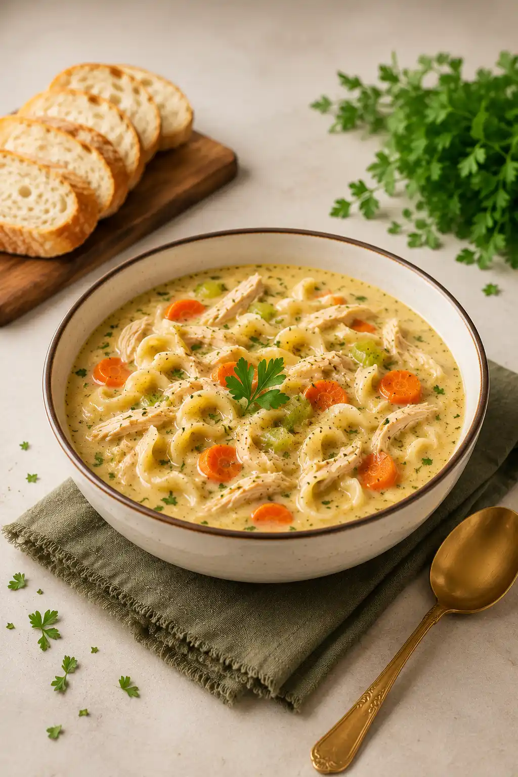 Collage of creamy chicken noodle soup recipe showing fresh ingredients cozy soup bowl and close-up spoonful of creamy chicken noodle soup with noodles and vegetables