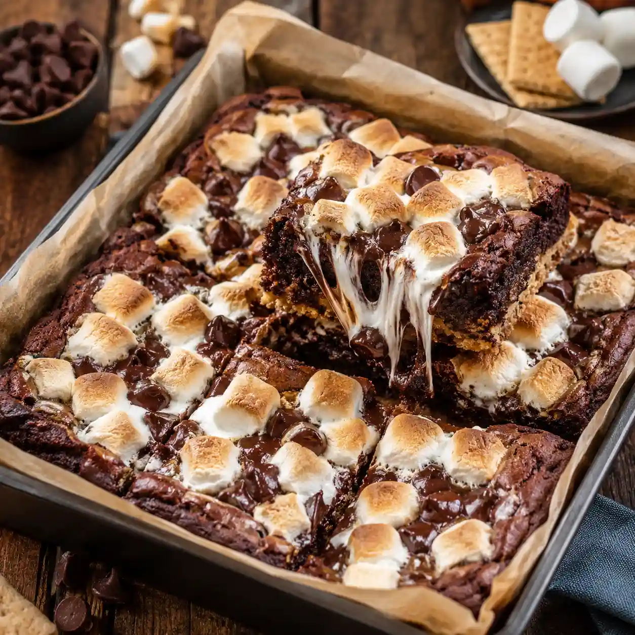 Fudgy S’mores brownies with toasted marshmallows melted chocolate chips and graham cracker crust in a parchment-lined baking pan