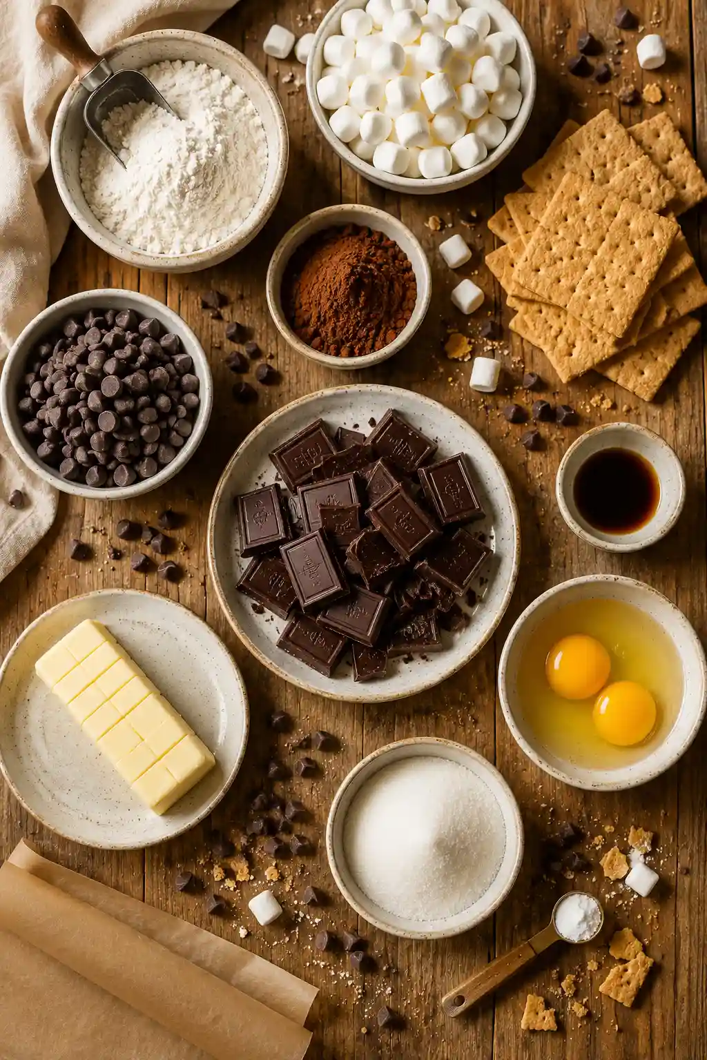 Flat lay of S’mores brownies ingredients including graham crackers chocolate eggs butter cocoa powder marshmallows and chocolate chips