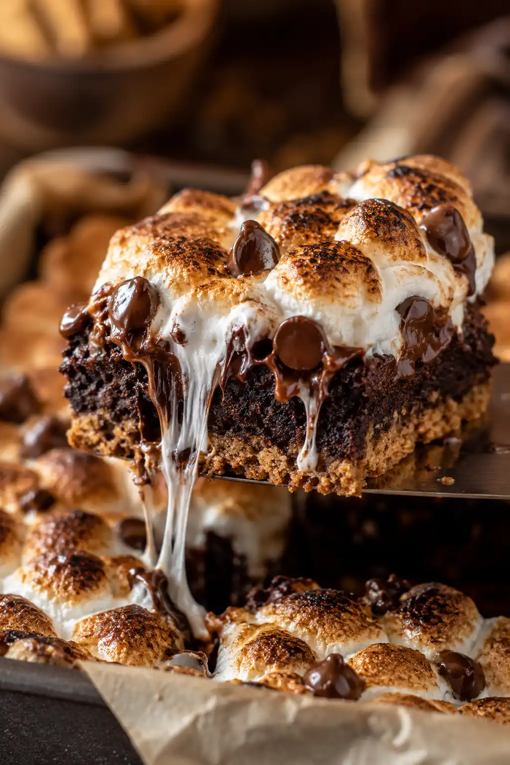 Close-up of gooey S’mores brownie with melted marshmallow stretch chocolate chips and fudgy brownie layers being lifted from pan