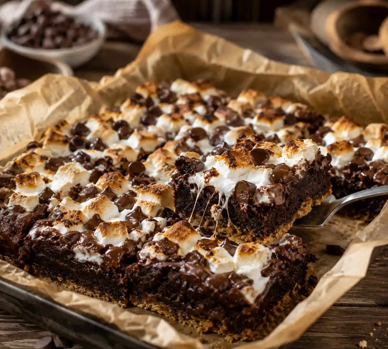 S’mores brownies in a baking pan with toasted marshmallows melted chocolate chips and graham cracker crust on rustic wooden table