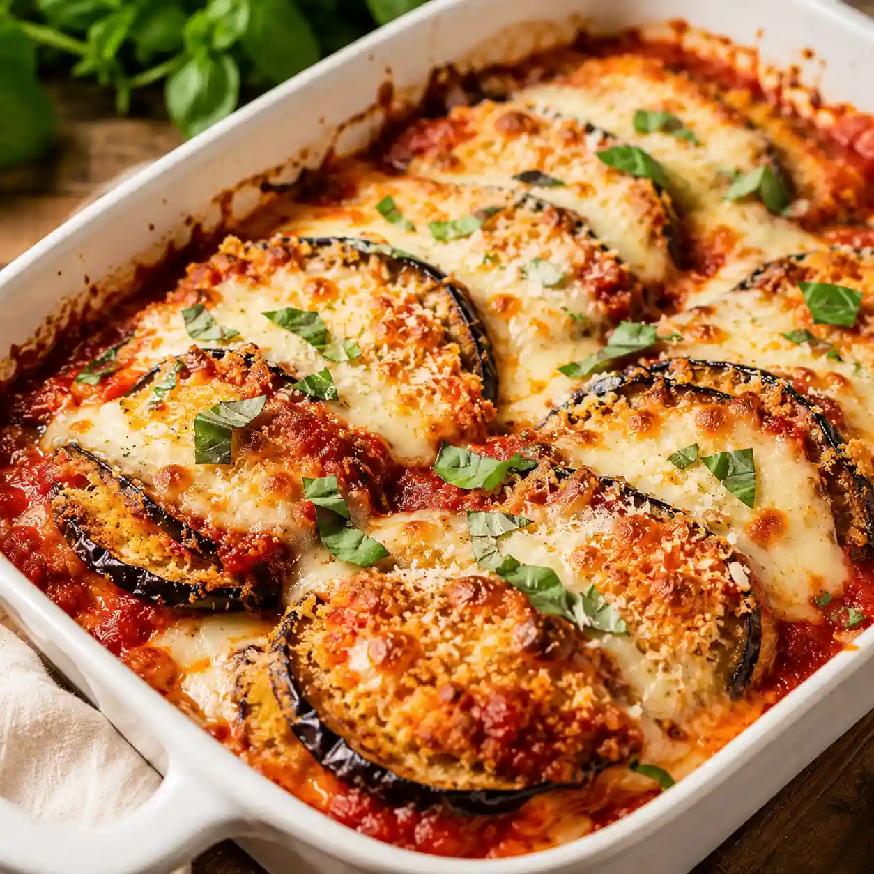 Crispy baked eggplant parmesan with melted mozzarella cheese marinara sauce parmesan and fresh basil in a white baking dish