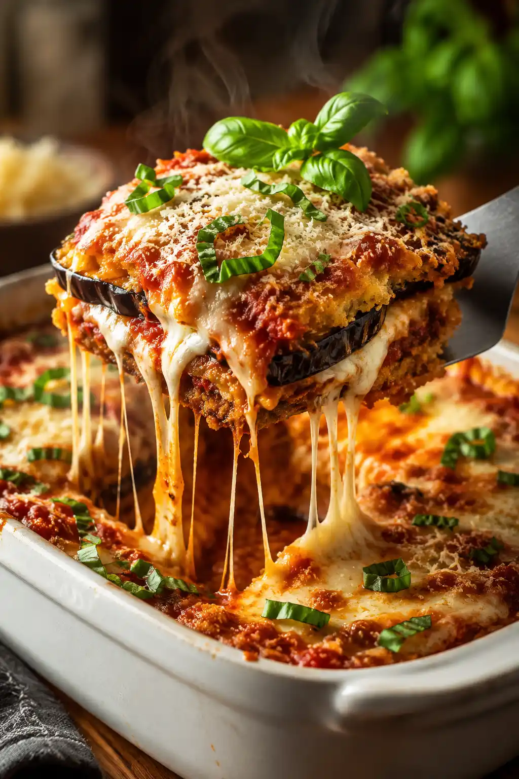 Close-up of crispy baked eggplant parmesan slice with melted mozzarella cheese pull and marinara sauce being lifted from baking dish