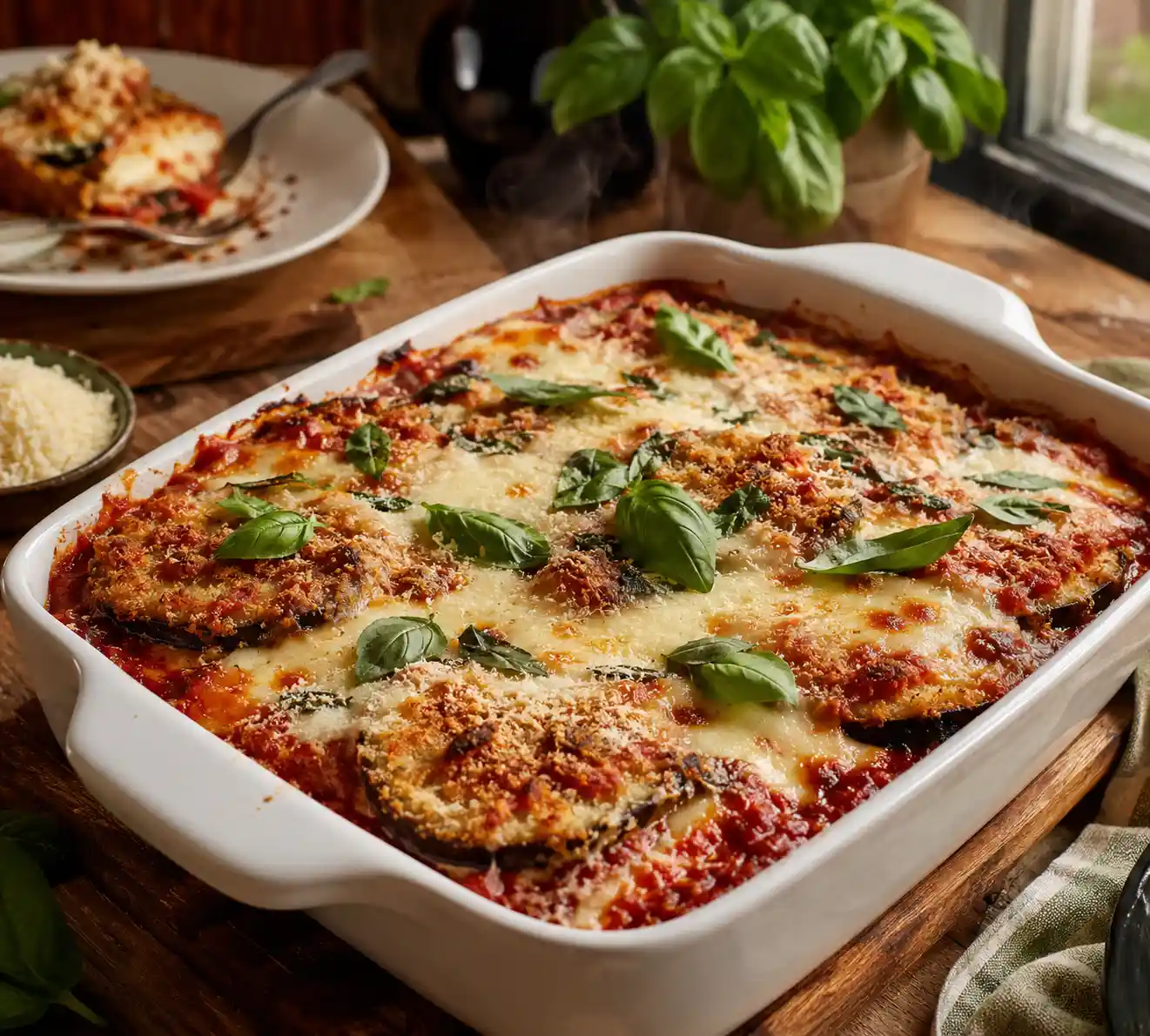 Crispy baked eggplant parmesan in a white baking dish with melted mozzarella cheese marinara sauce basil and golden breadcrumb topping