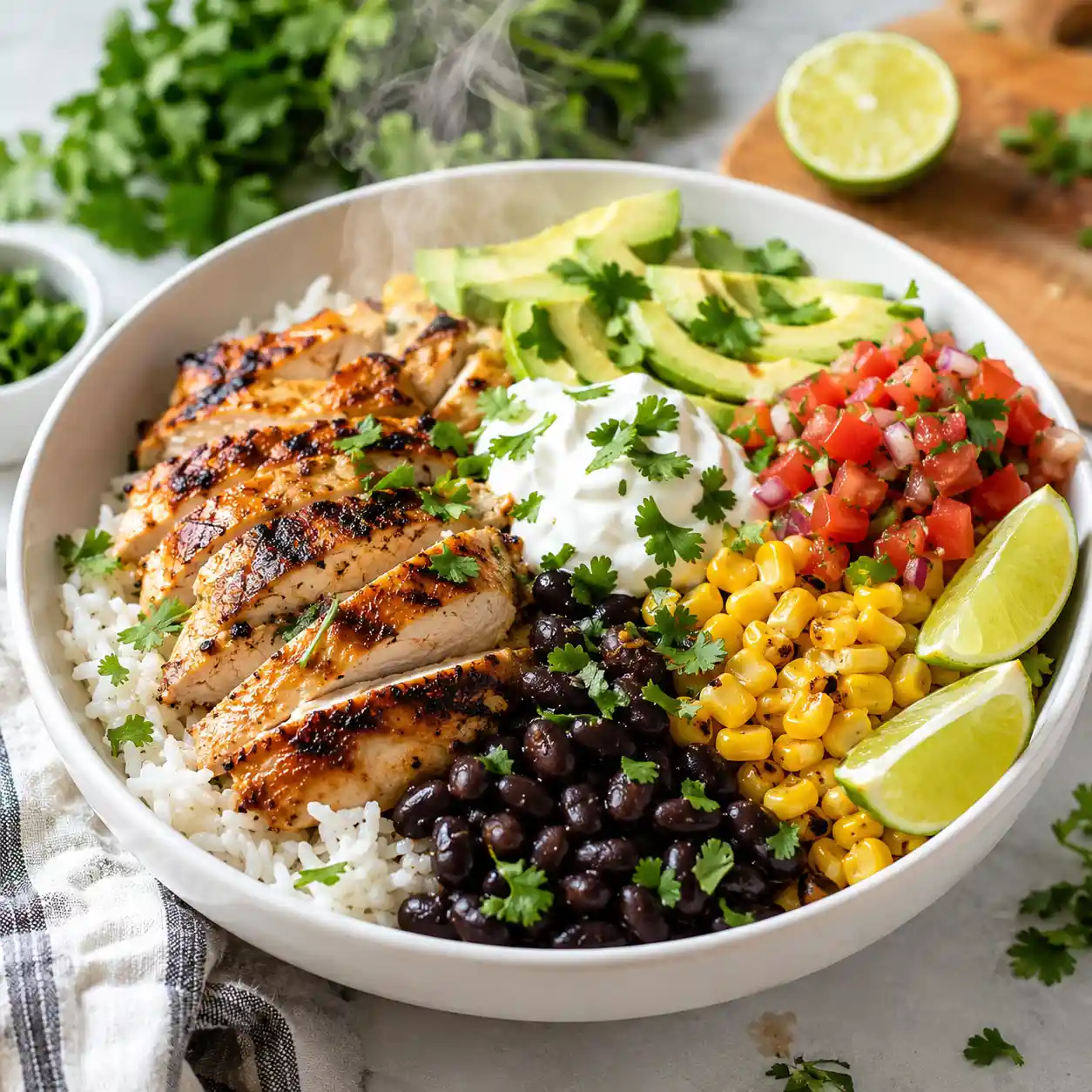 High protein chicken burrito bowl with grilled chicken rice black beans corn avocado salsa and sour cream in a white bowl