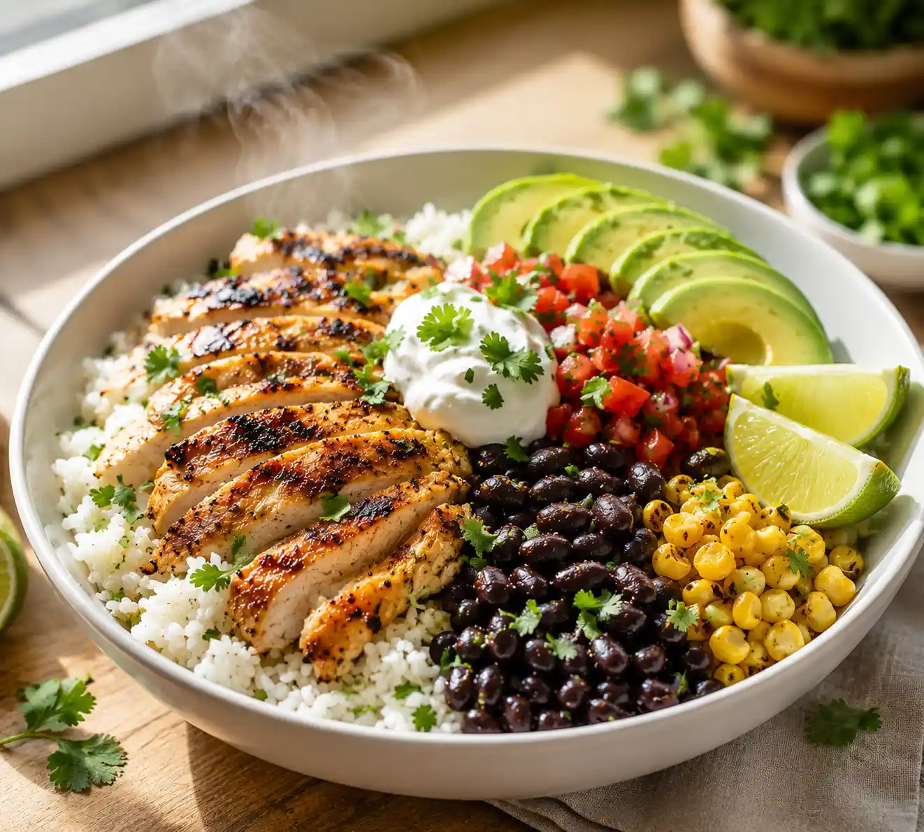 High Protein Chicken Burrito Bowl with grilled chicken black beans rice avocado corn salsa and cilantro in a white ceramic bowl