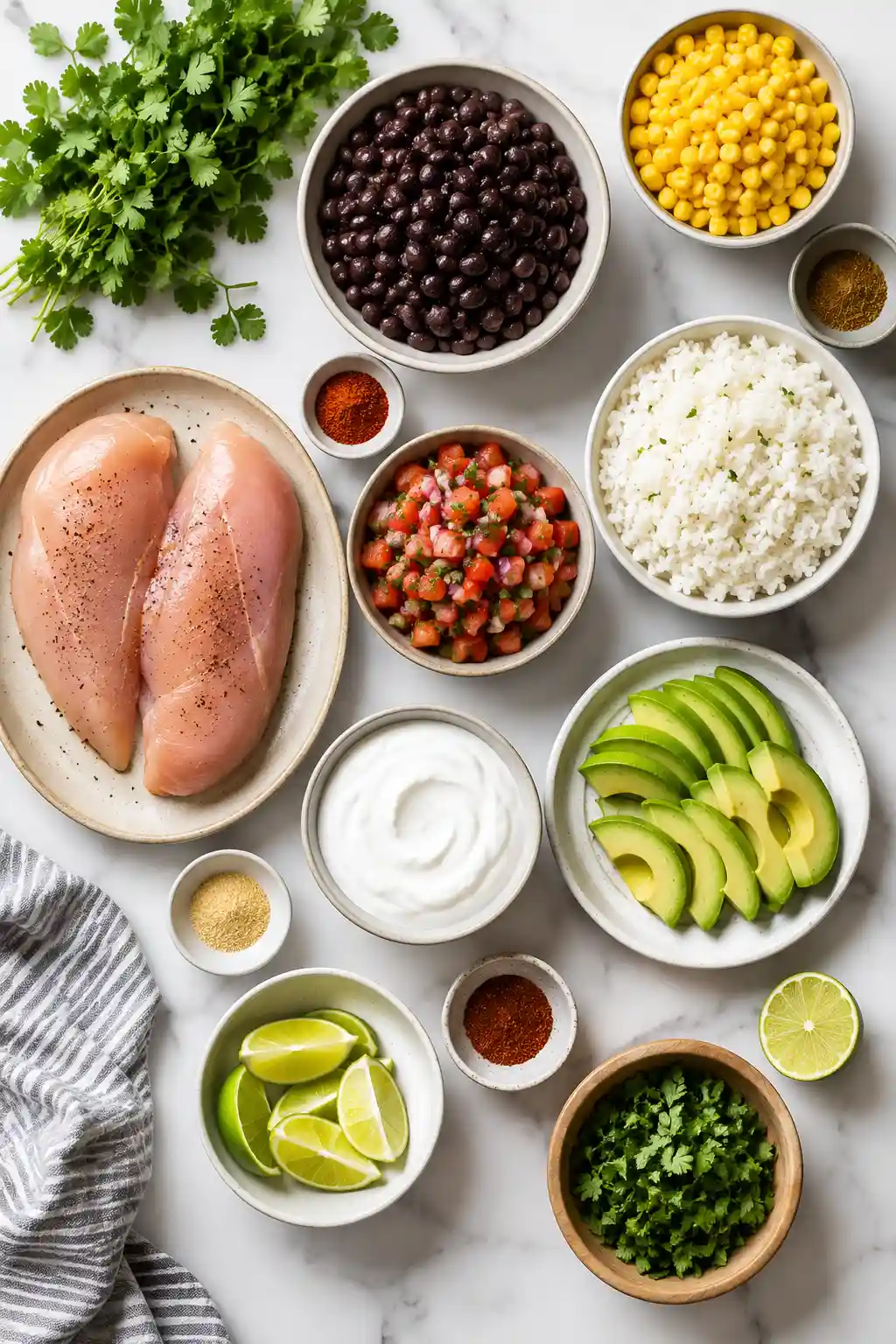 Flat lay of chicken burrito bowl ingredients including chicken breast rice black beans avocado corn salsa lime and spices on marble background