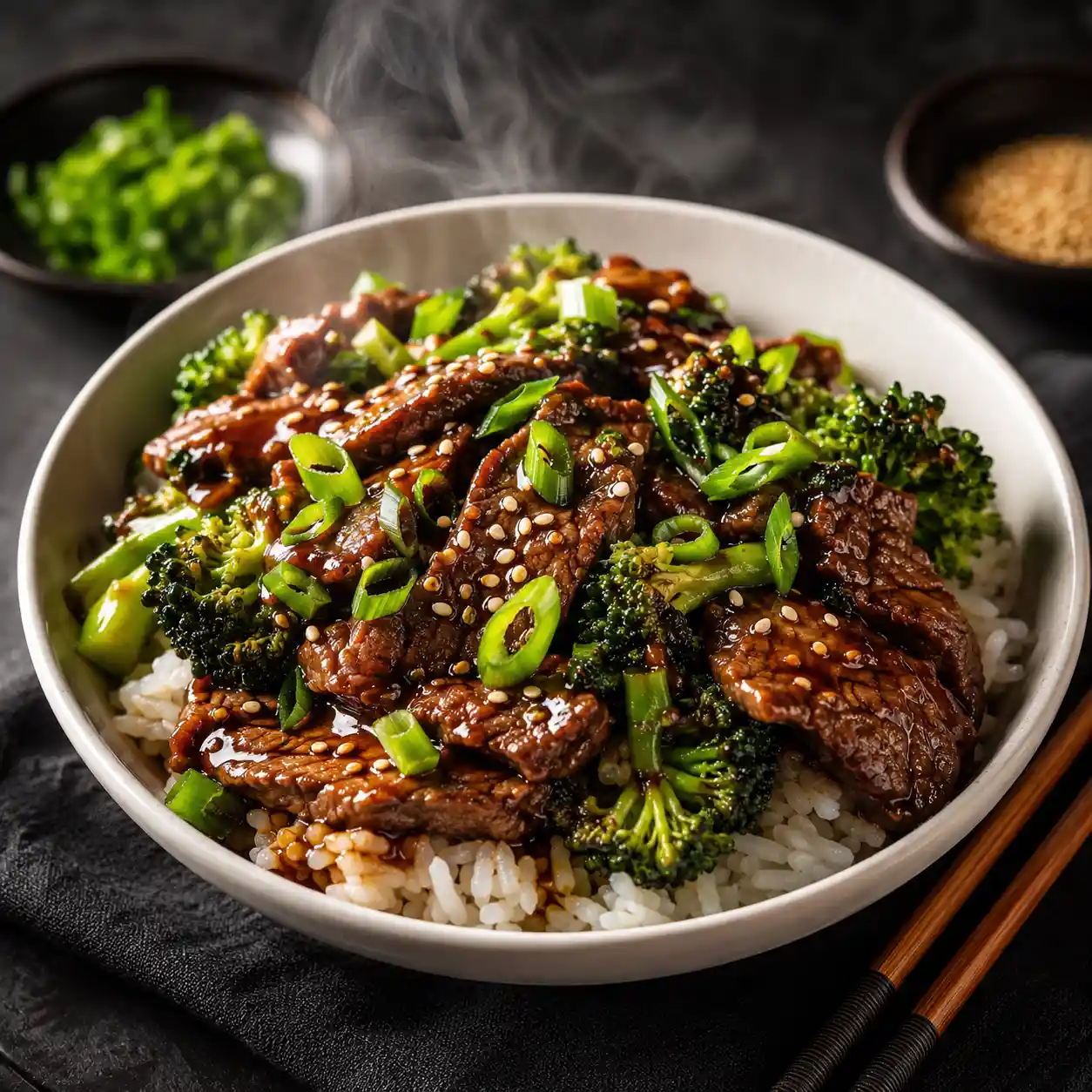 Homemade beef and broccoli stir fry with tender beef slices broccoli sesame seeds and savory sauce over steamed rice