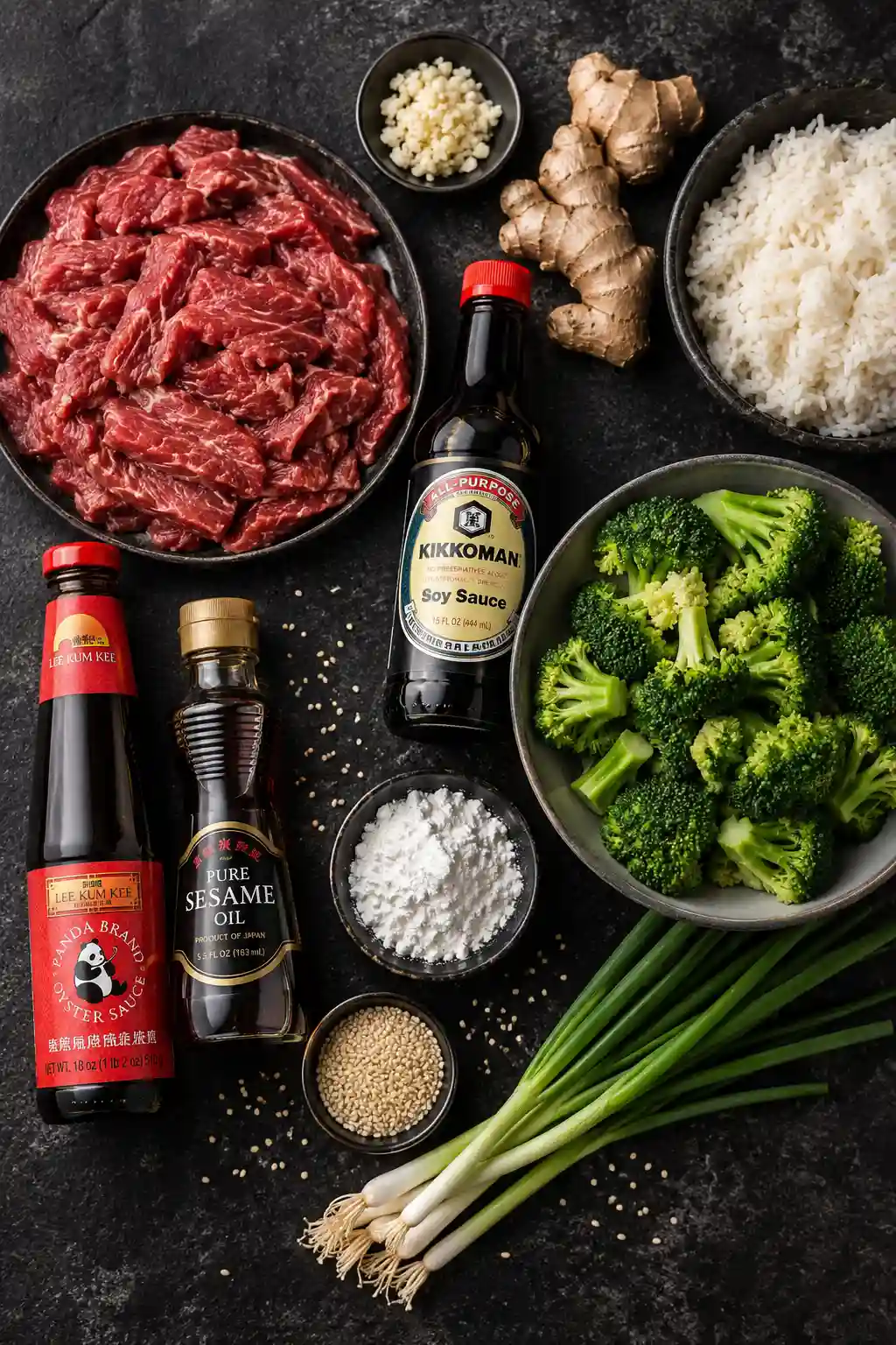 Flat lay of beef and broccoli ingredients including flank steak broccoli soy sauce garlic ginger sesame oil and rice on dark background