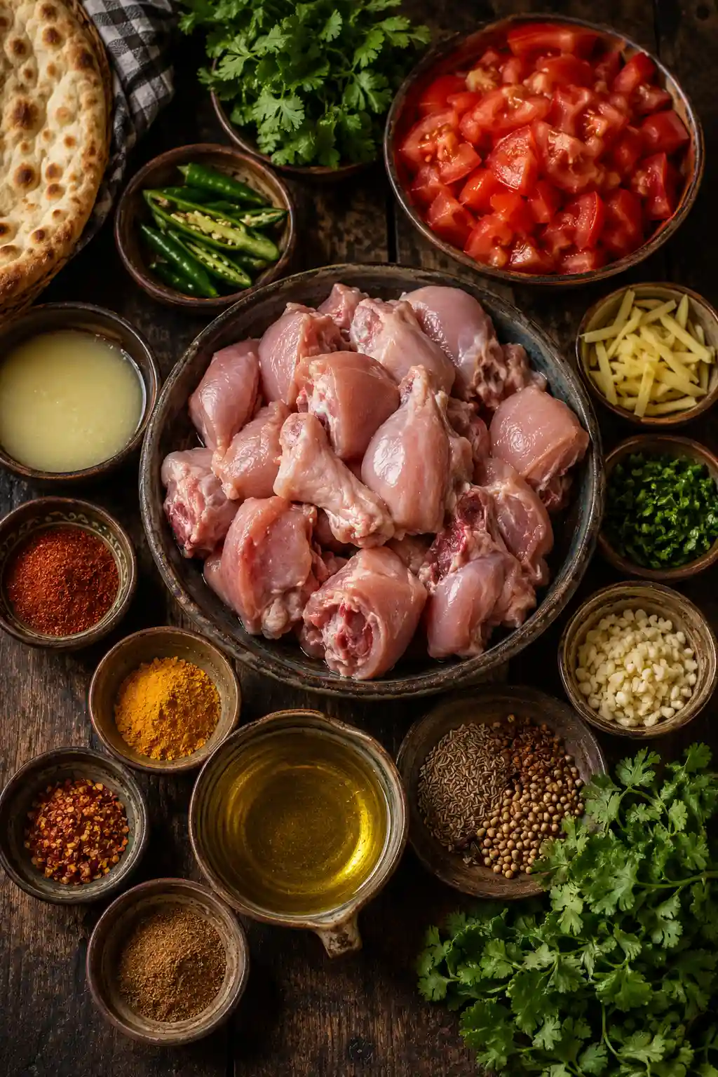 Flat lay of Pakistani Chicken Karahi ingredients including chicken tomatoes green chilies ginger garlic spices coriander and naan bread