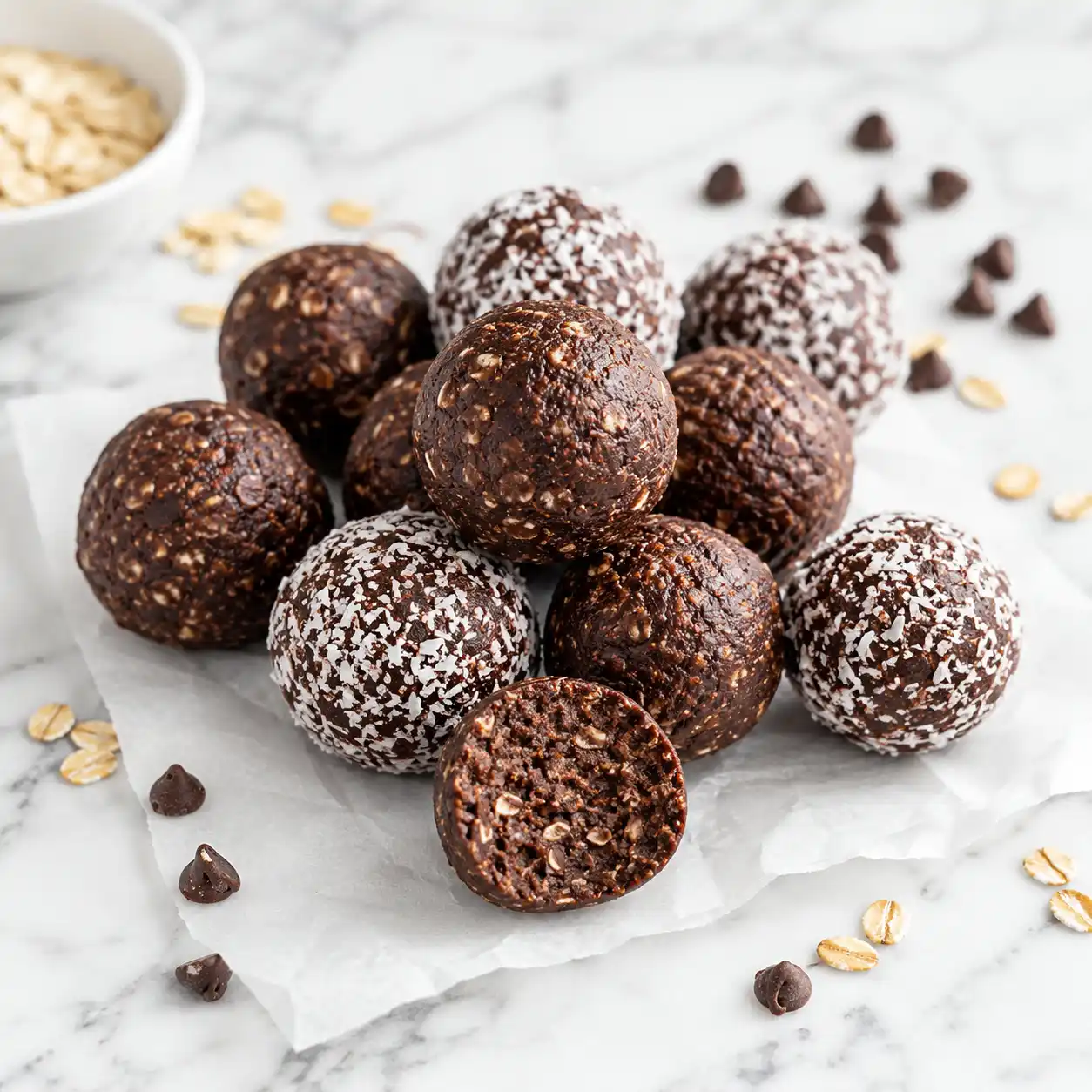 No-Bake Chocolate Protein Balls arranged on parchment paper with rich chocolate texture and healthy homemade snack styling