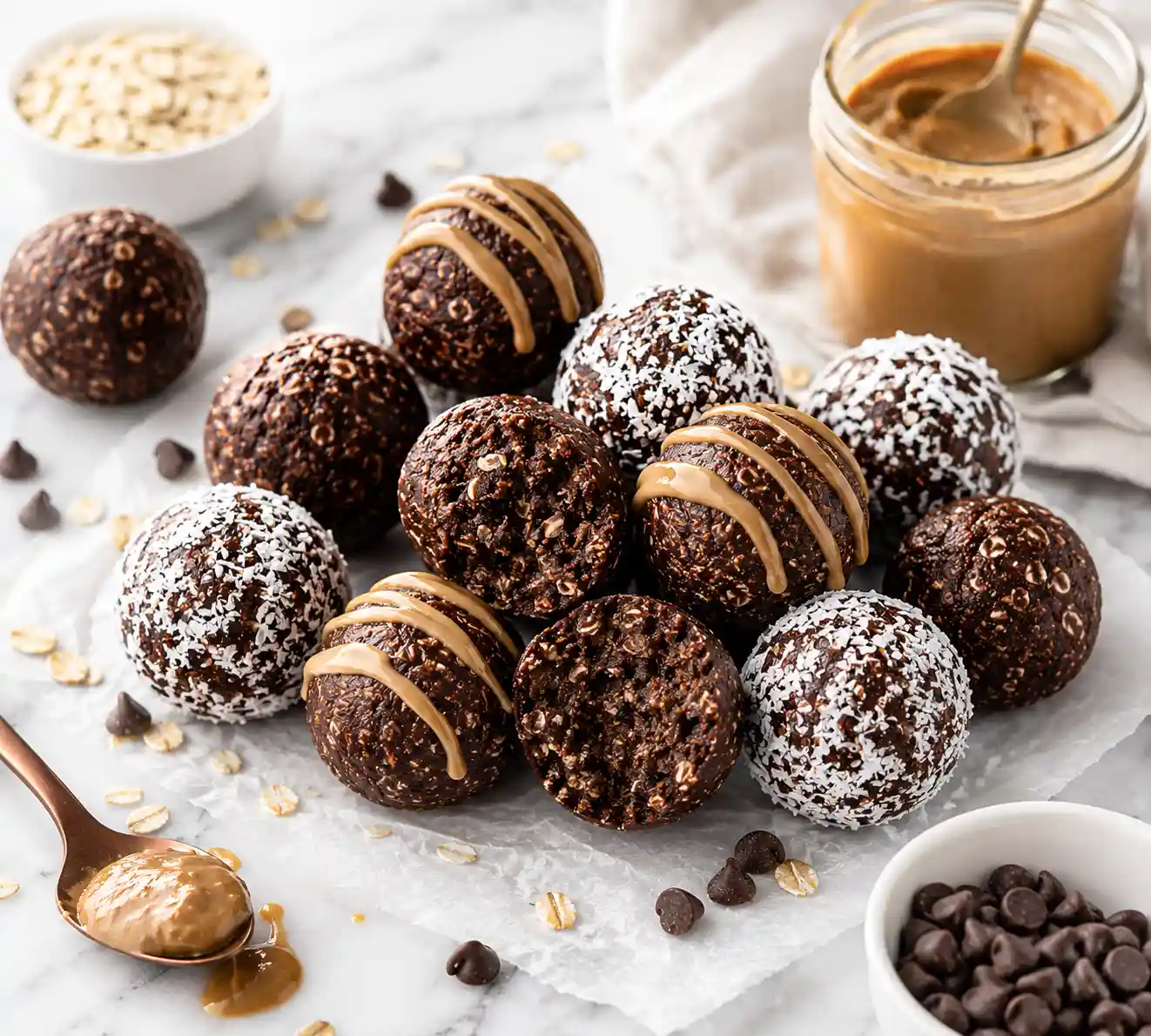 No-bake chocolate protein balls with fudgy chocolate texture oats peanut butter and cocoa powder on white marble surface
