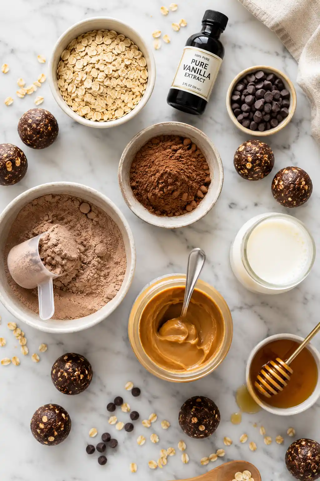 Flat lay of ingredients for chocolate protein balls including oats cocoa powder peanut butter honey protein powder and chocolate chips
