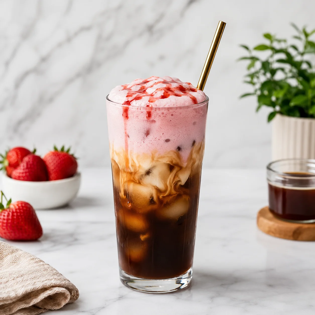 Strawberry cold foam iced coffee with creamy pink foam layered over iced coffee in a clear glass with strawberry drizzle