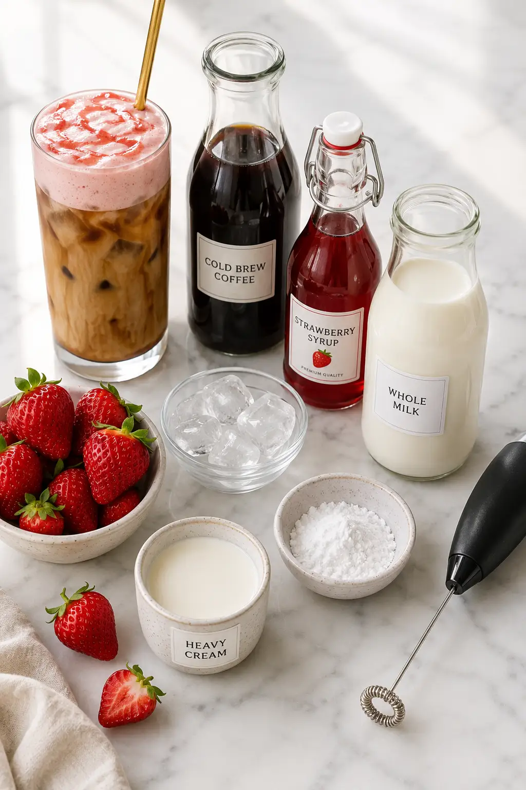 Flat lay of strawberry cold foam iced coffee ingredients including cold brew strawberries milk cream syrup and ice cubes