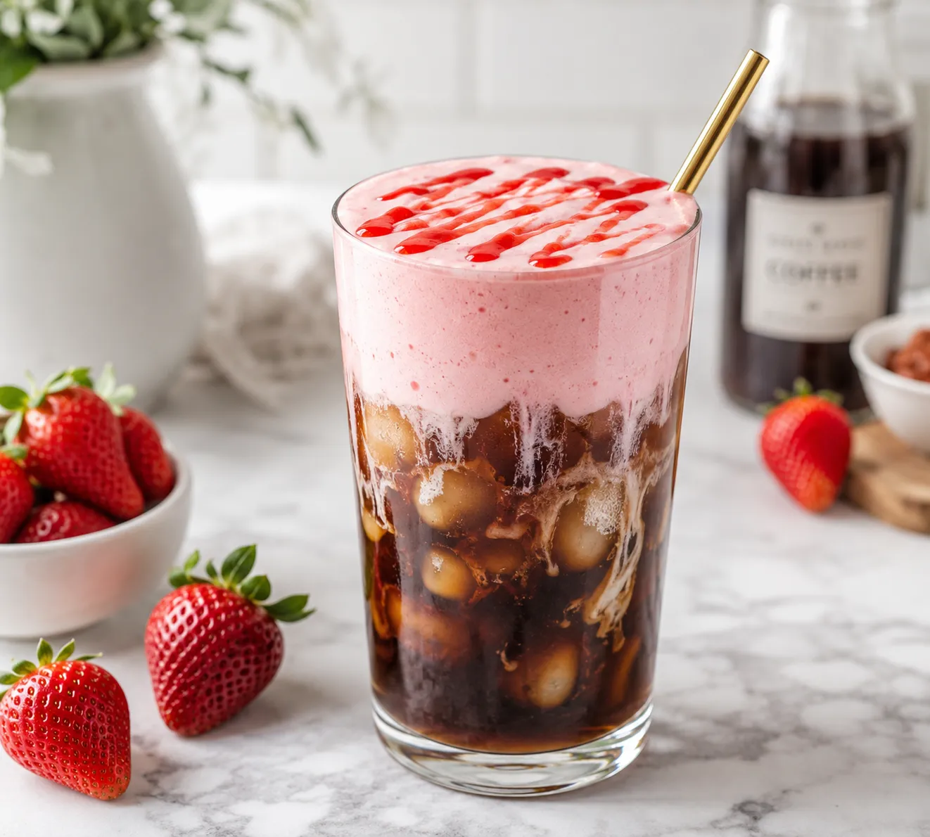 Strawberry cold foam iced coffee recipe with creamy pink foam cold brew coffee ice cubes and strawberry syrup drizzle