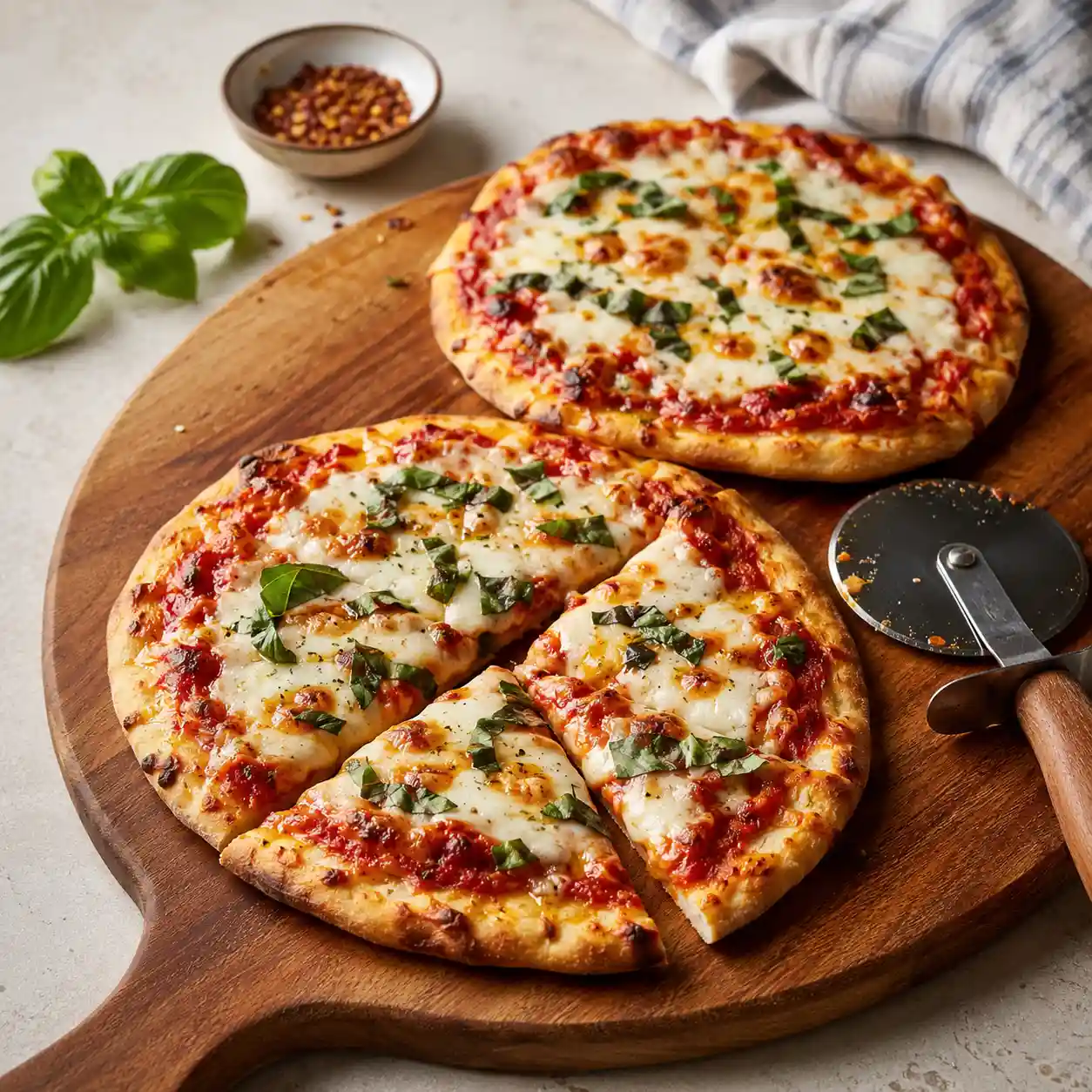 Naan flatbread pizza with melted mozzarella cheese crispy golden edges marinara sauce and fresh basil on wooden pizza board