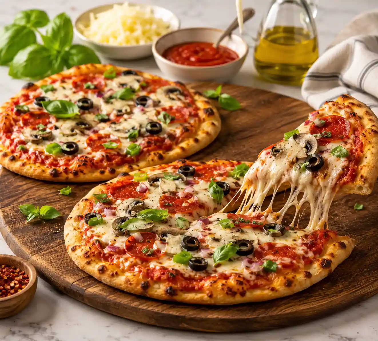 Flatbread pizza naan recipe with melted mozzarella cheese crispy naan crust marinara sauce and fresh basil on wooden pizza board