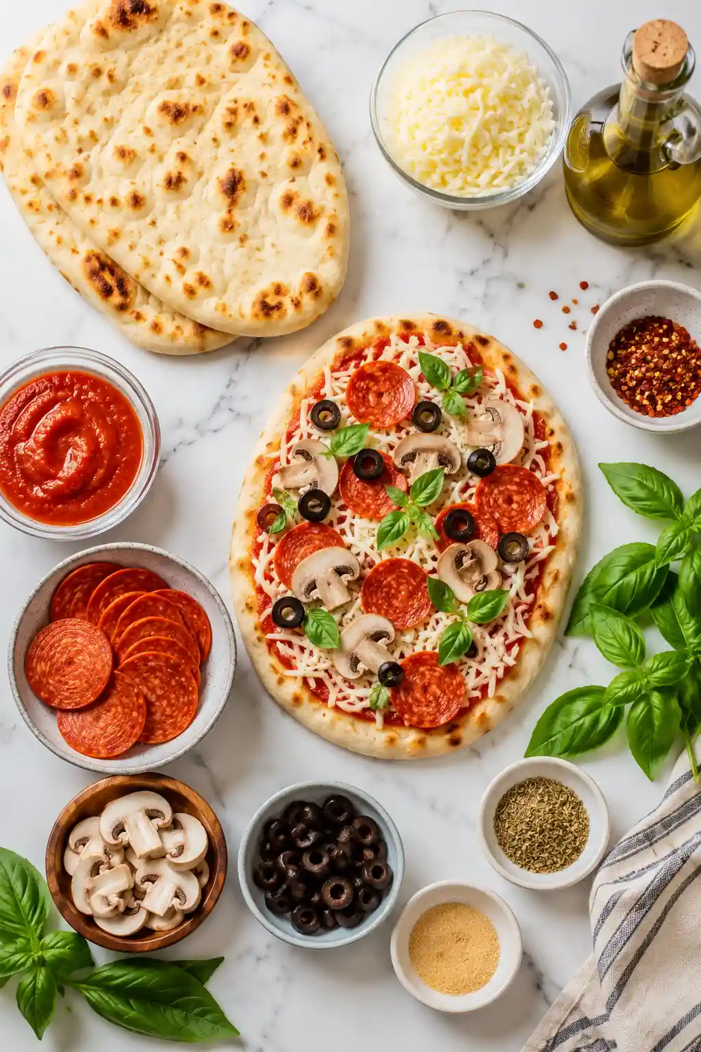 Flat lay of naan pizza ingredients including mozzarella cheese marinara sauce naan bread basil olives mushrooms and pizza toppings