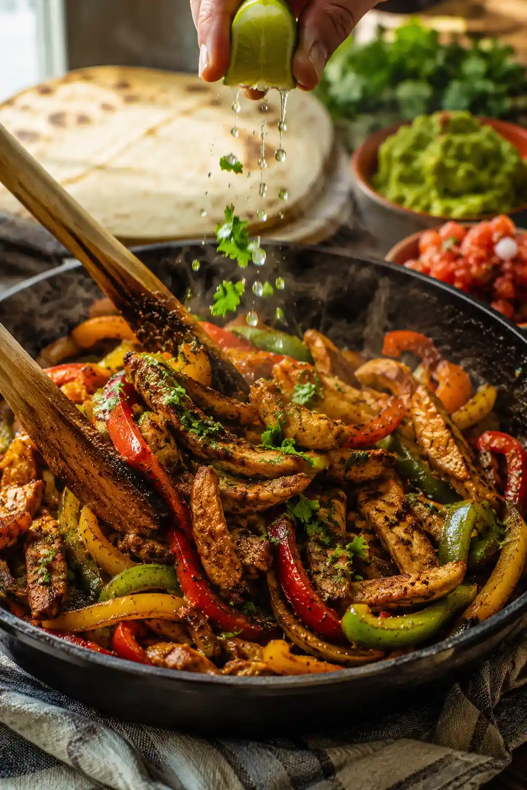 One Pan Chicken Fajitas cooking in a skillet with chicken bell peppers onions and fresh lime juice