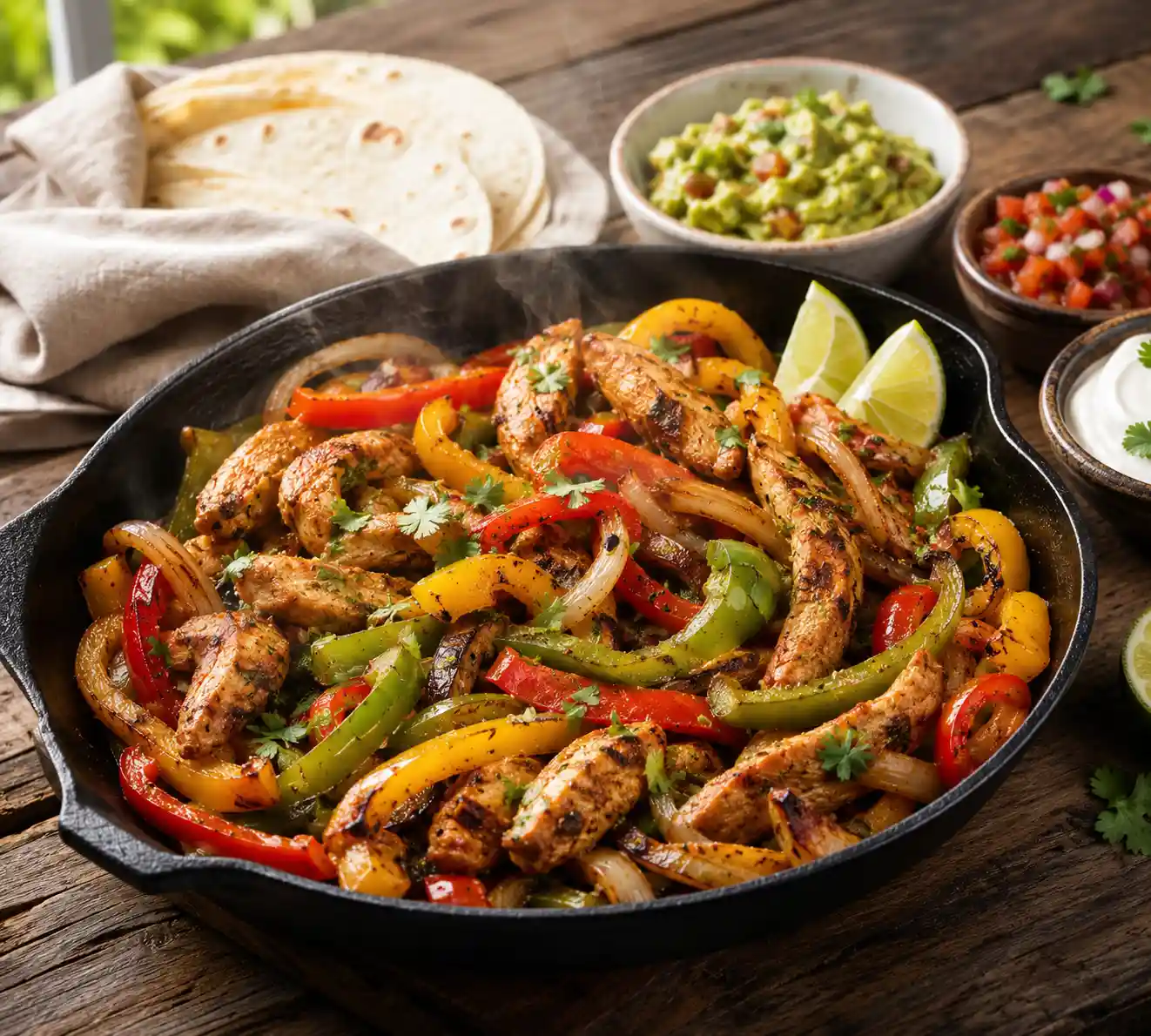 One-Pan Chicken Fajitas with juicy chicken bell peppers onions tortillas salsa and guacamole