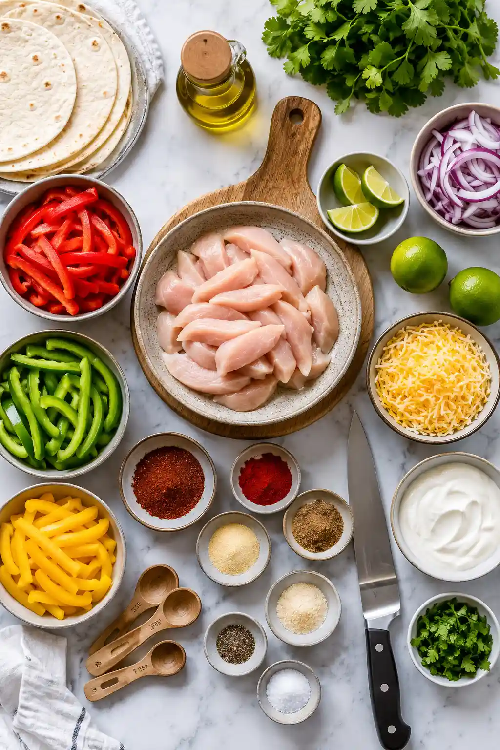 Flat lay of One Pan Chicken Fajitas ingredients including chicken bell peppers onions fajita seasoning tortillas and lime