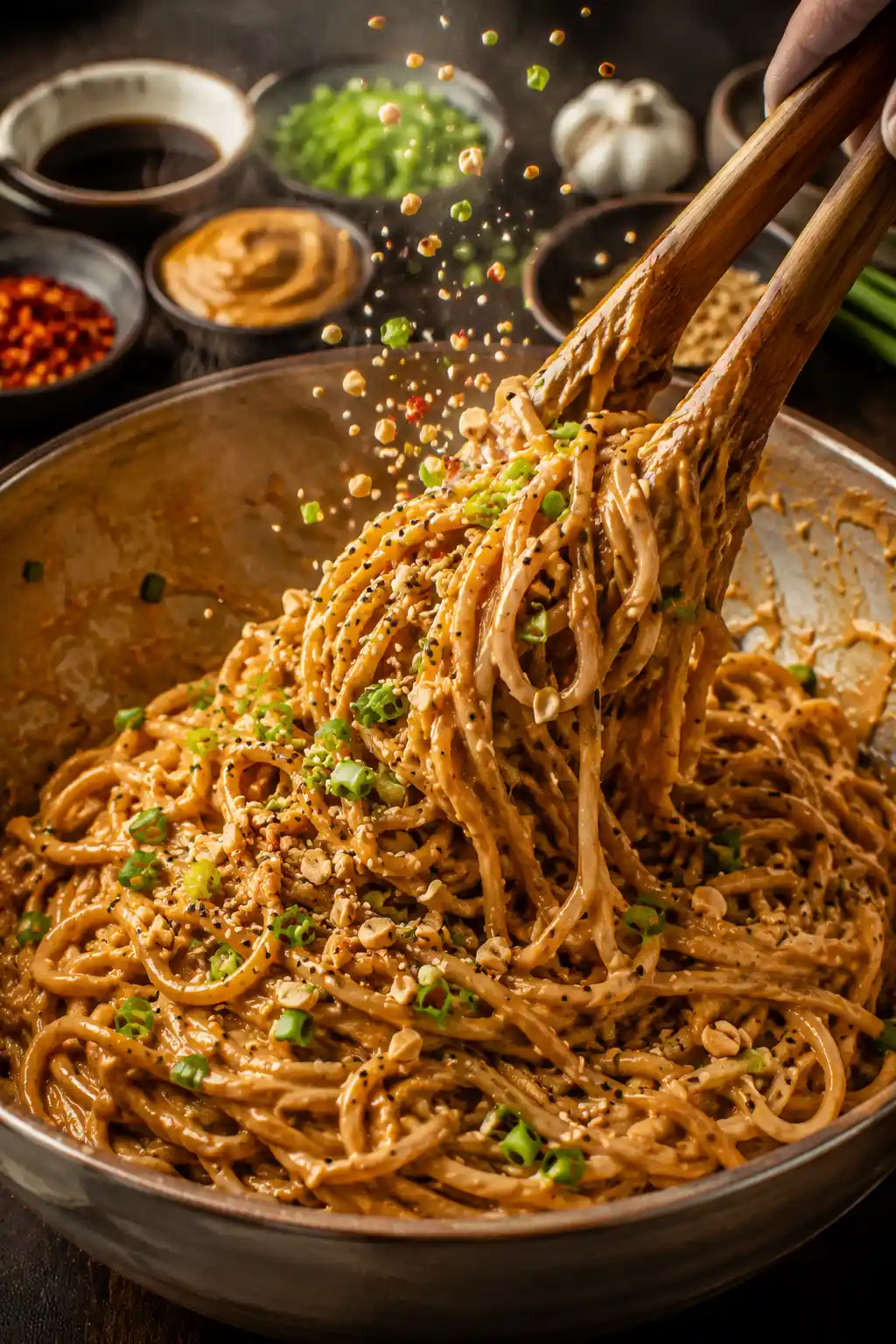 Spicy peanut noodles being tossed with creamy peanut sauce green onions sesame seeds and crushed peanuts