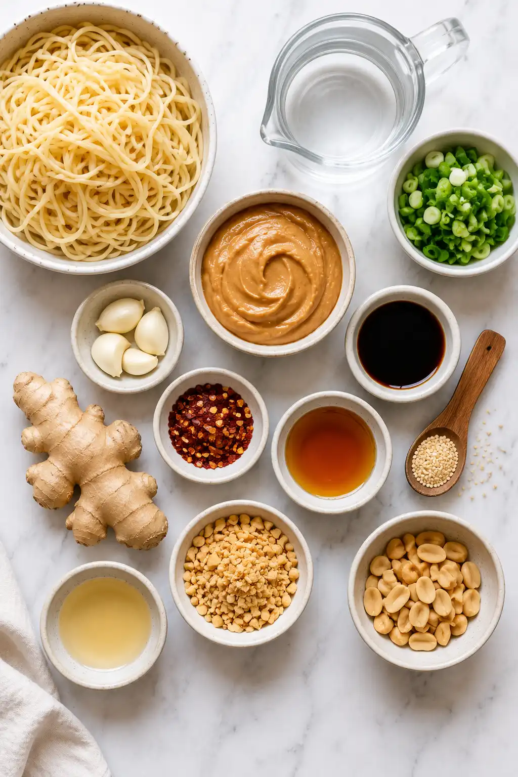 Flat lay of spicy peanut noodles ingredients including peanut butter soy sauce noodles garlic sesame oil and chili flakes