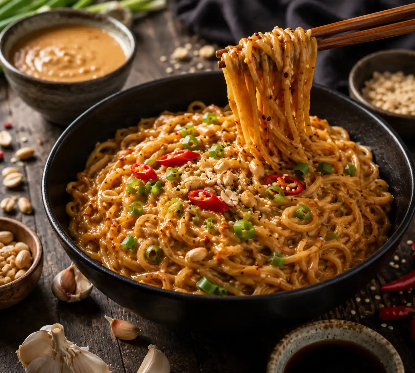 Spicy peanut noodles coated in creamy peanut sauce with sesame seeds green onions crushed peanuts and chili flakes