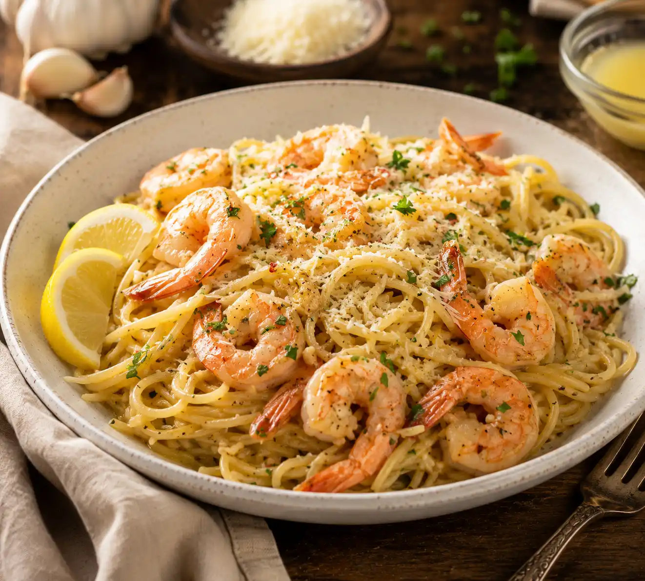 Garlic Butter Shrimp Pasta with juicy shrimp parmesan cheese garlic butter sauce and fresh parsley