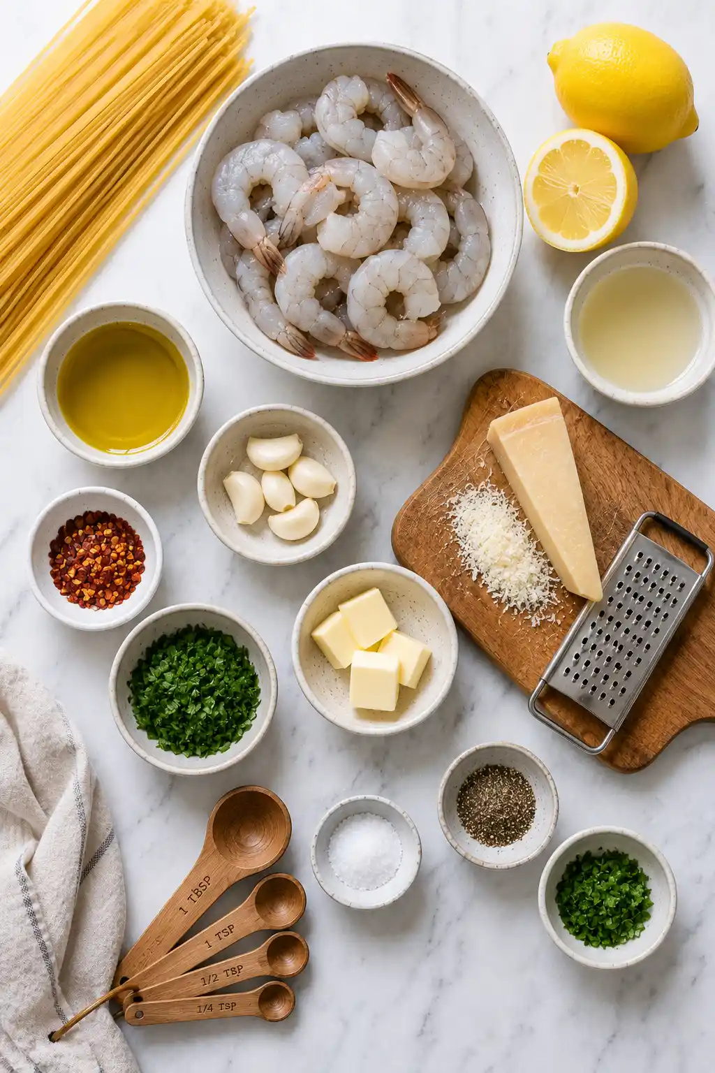 Flat lay of Garlic Butter Shrimp Pasta ingredients including shrimp spaghetti butter garlic lemon parmesan and parsley