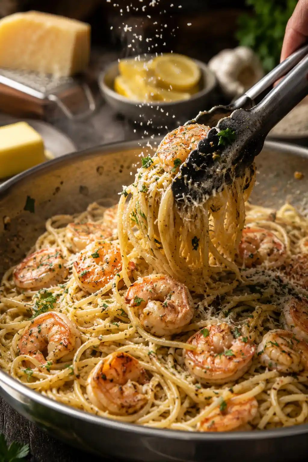 Garlic Butter Shrimp Pasta being tossed with garlic butter sauce parmesan cheese and fresh parsley