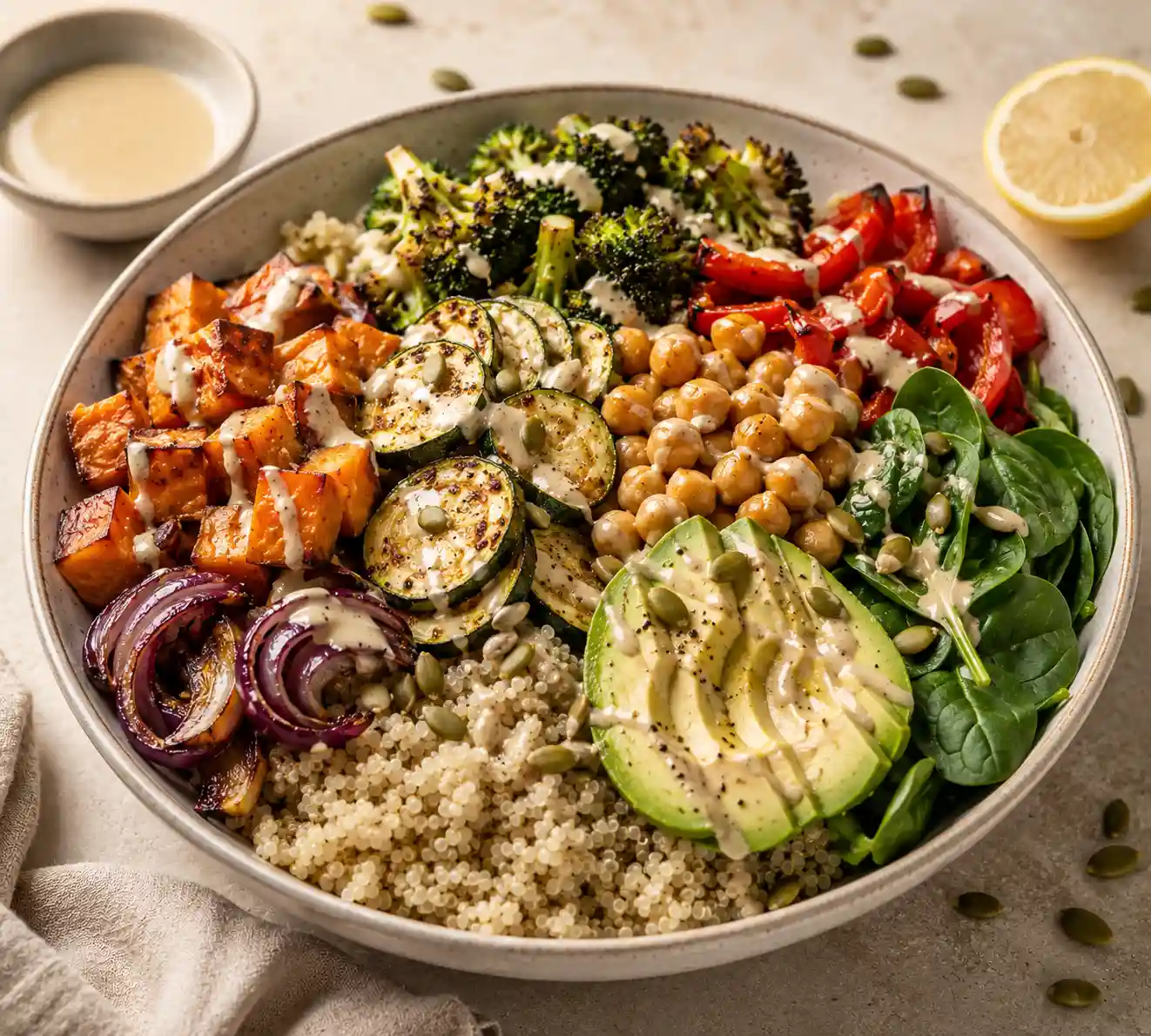 Roasted Vegetable Buddha Bowl served with fluffy quinoa, caramelized sweet potatoes, roasted zucchini, broccoli, red peppers, chickpeas, spinach, creamy avocado, pumpkin seeds, and a drizzle of tahini dressing.
