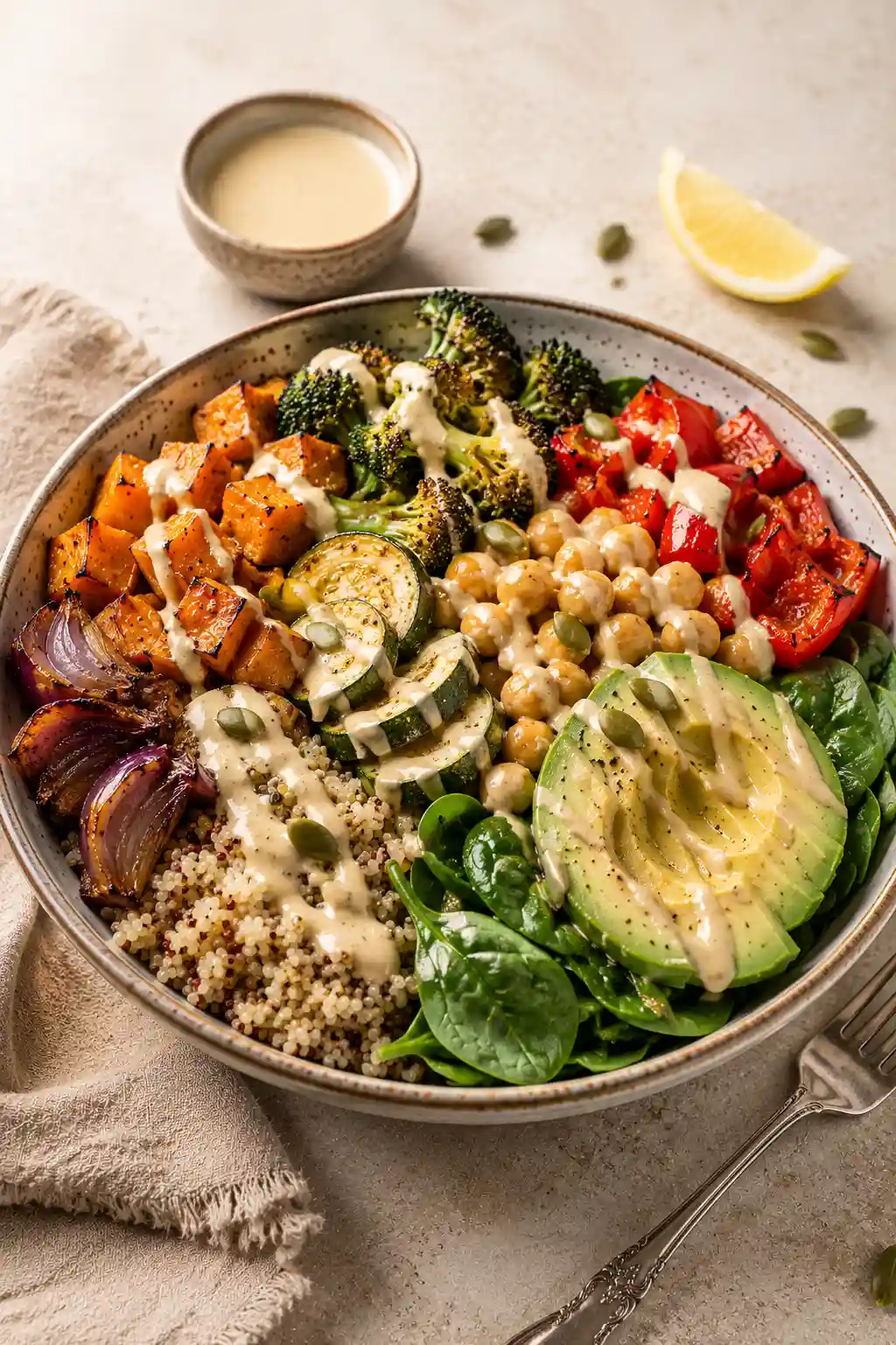 Roasted Vegetable Buddha Bowl filled with quinoa, roasted sweet potatoes, broccoli, zucchini, red bell peppers, red onion, chickpeas, fresh spinach, sliced avocado, pumpkin seeds, and creamy tahini dressing.