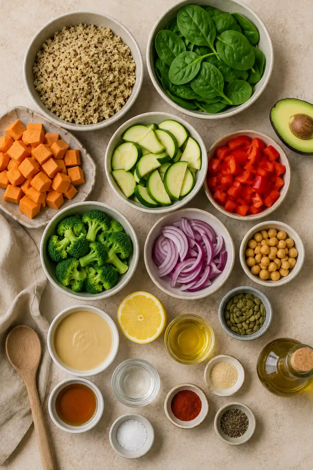 Roasted Vegetable Buddha Bowl ingredients arranged in an overhead layout with cooked quinoa, sweet potato cubes, zucchini slices, red bell pepper, broccoli, red onion, chickpeas, spinach, avocado, pumpkin seeds, lemon, olive oil, and creamy tahini dressing.