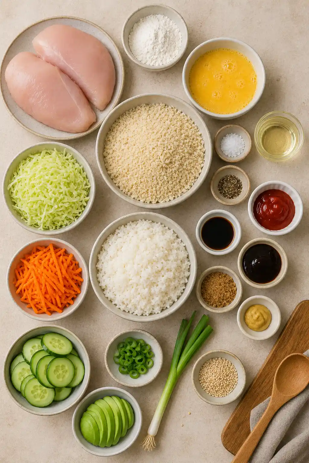 Crispy Chicken Katsu Rice Bowl ingredients arranged in an overhead layout with chicken breasts, panko breadcrumbs, flour, beaten egg, cooked white rice, shredded cabbage, carrots, cucumber, avocado, green onions, sesame seeds, and savory katsu sauce ingredients.