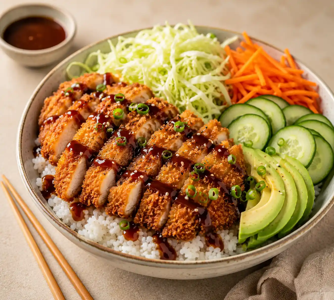Chicken Katsu Rice Bowl featuring crispy golden chicken cutlets sliced over white rice with fresh cabbage, shredded carrots, cucumber, avocado, green onions, sesame seeds, and glossy savory katsu sauce.