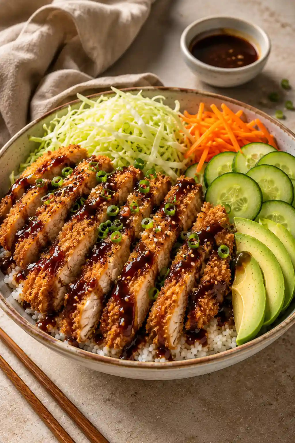Crispy Chicken Katsu Rice Bowl served with sliced golden breaded chicken, fluffy white rice, shredded cabbage, carrots, cucumber slices, creamy avocado, green onions, sesame seeds, and a rich drizzle of katsu sauce.