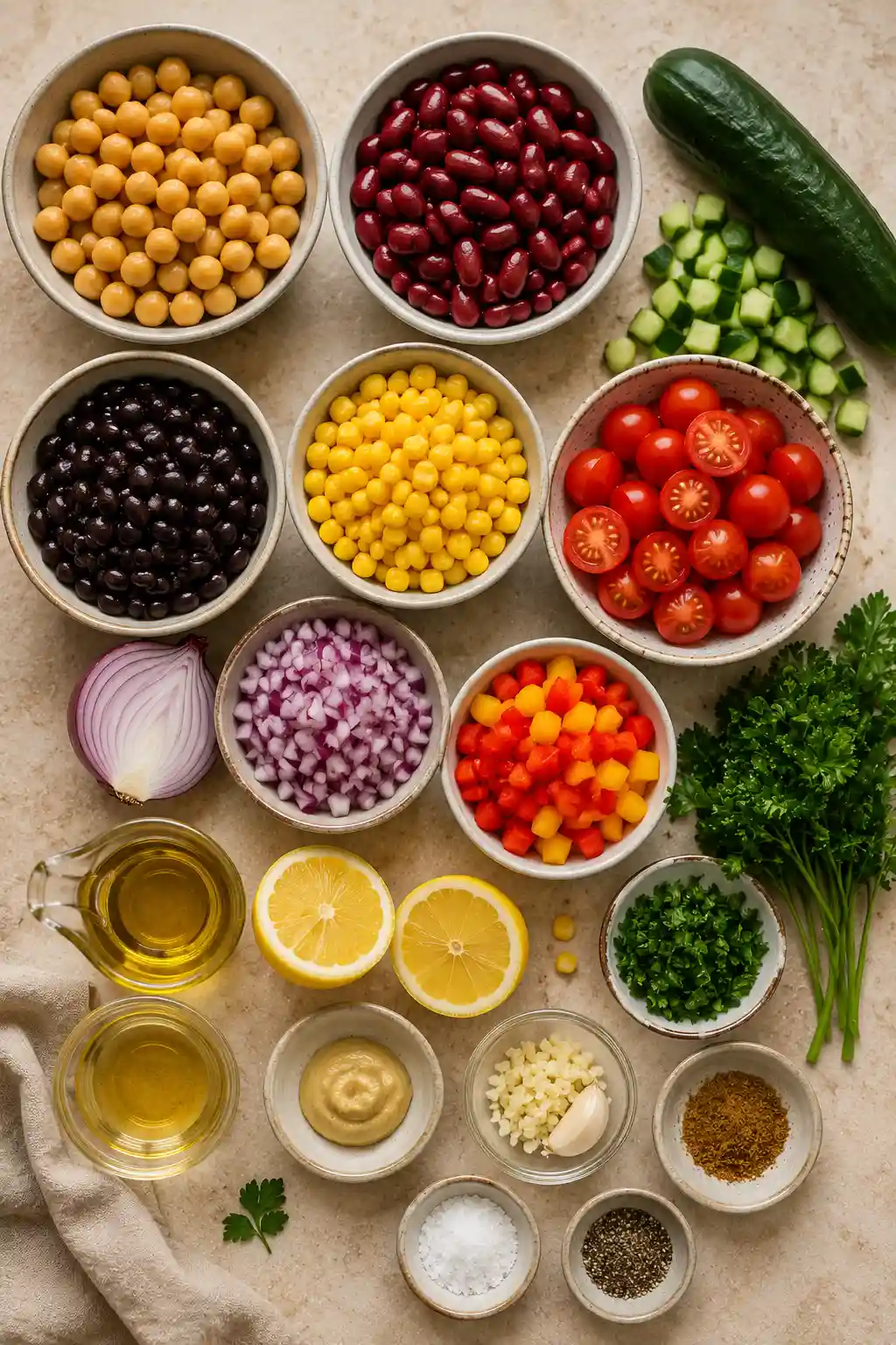 Three Bean Salad ingredients arranged in an overhead layout with chickpeas, kidney beans, black beans, sweet corn, cherry tomatoes, cucumber, red onion, bell peppers, fresh parsley, lemon, garlic, olive oil, mustard, and seasonings.