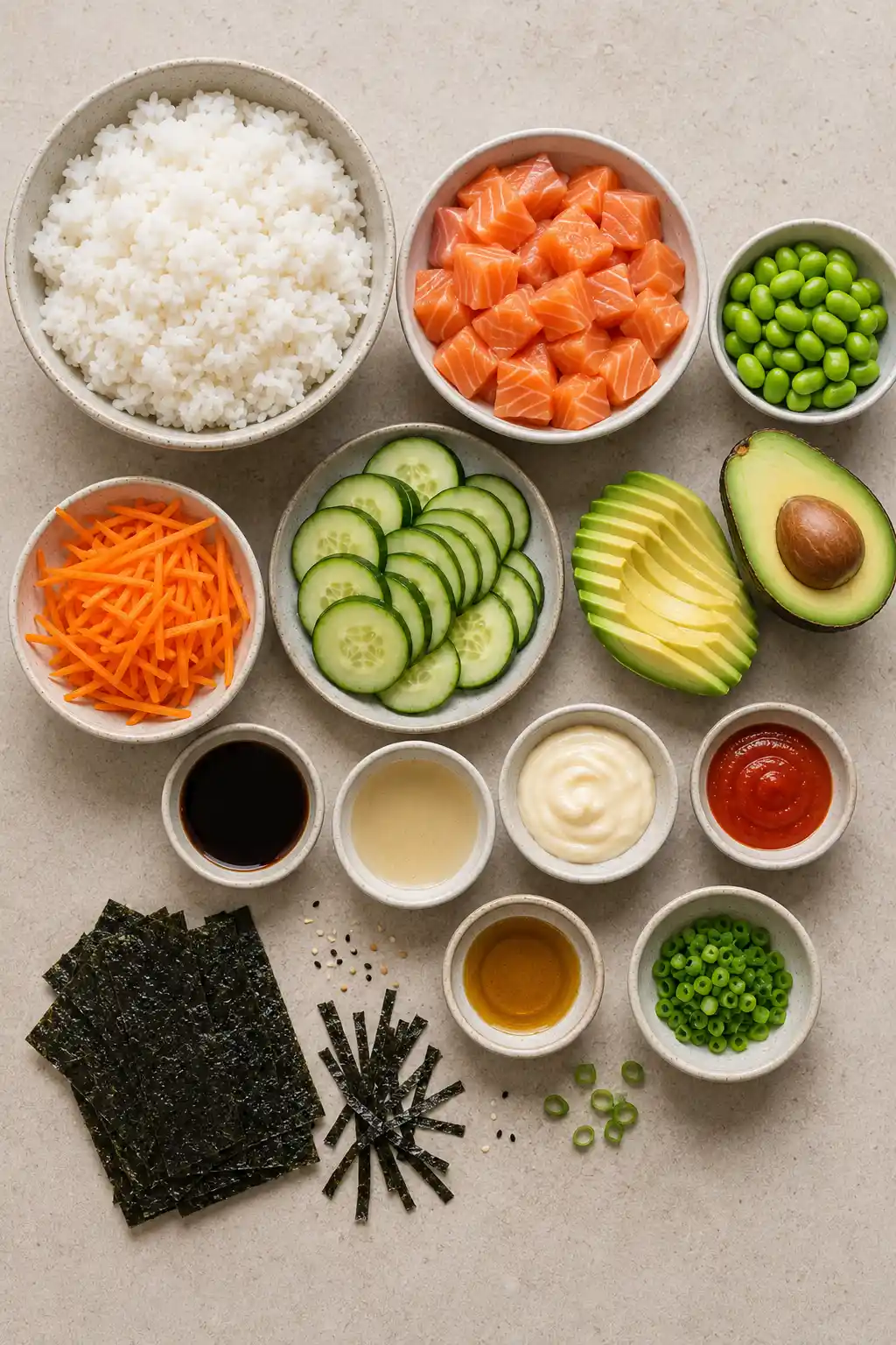 Salmon Sushi Bowl ingredients arranged in an overhead layout with sushi rice, fresh salmon cubes, edamame, shredded carrots, sliced cucumber, avocado, soy sauce, rice vinegar, spicy mayo, sesame oil, green onions, sesame seeds, and nori sheets.