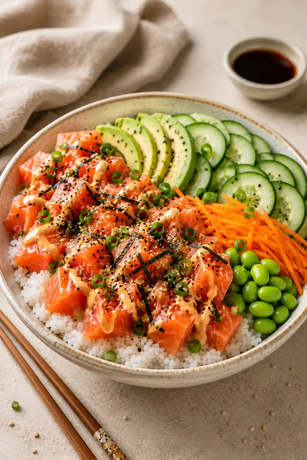 Salmon Sushi Bowl featuring fresh salmon cubes, fluffy sushi rice, sliced avocado, crisp cucumber, shredded carrots, edamame, green onions, sesame seeds, nori strips, and creamy spicy mayo.