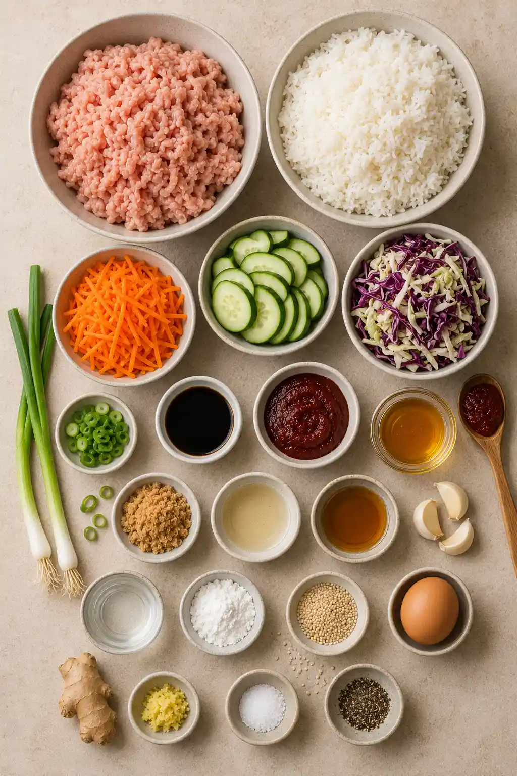 Korean Ground Turkey Bowl ingredients arranged in an overhead layout with ground turkey, cooked white rice, shredded carrots, sliced cucumber, cabbage, green onions, garlic, ginger, gochujang, soy sauce, sesame oil, rice vinegar, honey, sesame seeds, and an egg.