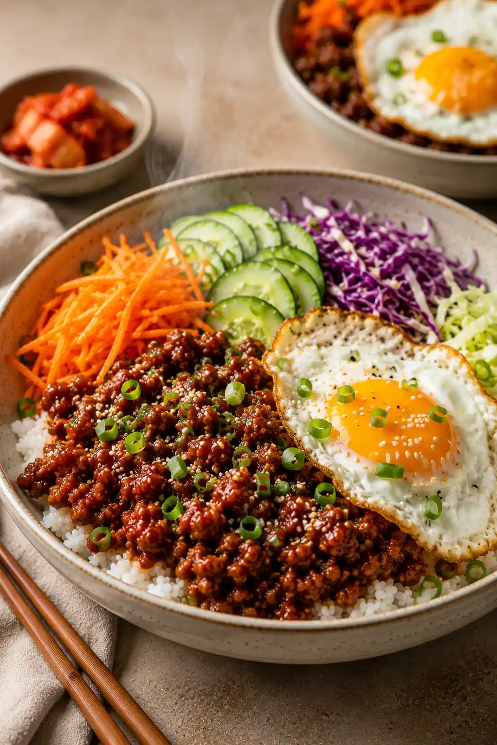 Korean Ground Turkey Bowl featuring sweet and spicy glazed ground turkey over fluffy white rice with fresh carrots, cucumber slices, shredded cabbage, green onions, sesame seeds, and a sunny-side-up fried egg.